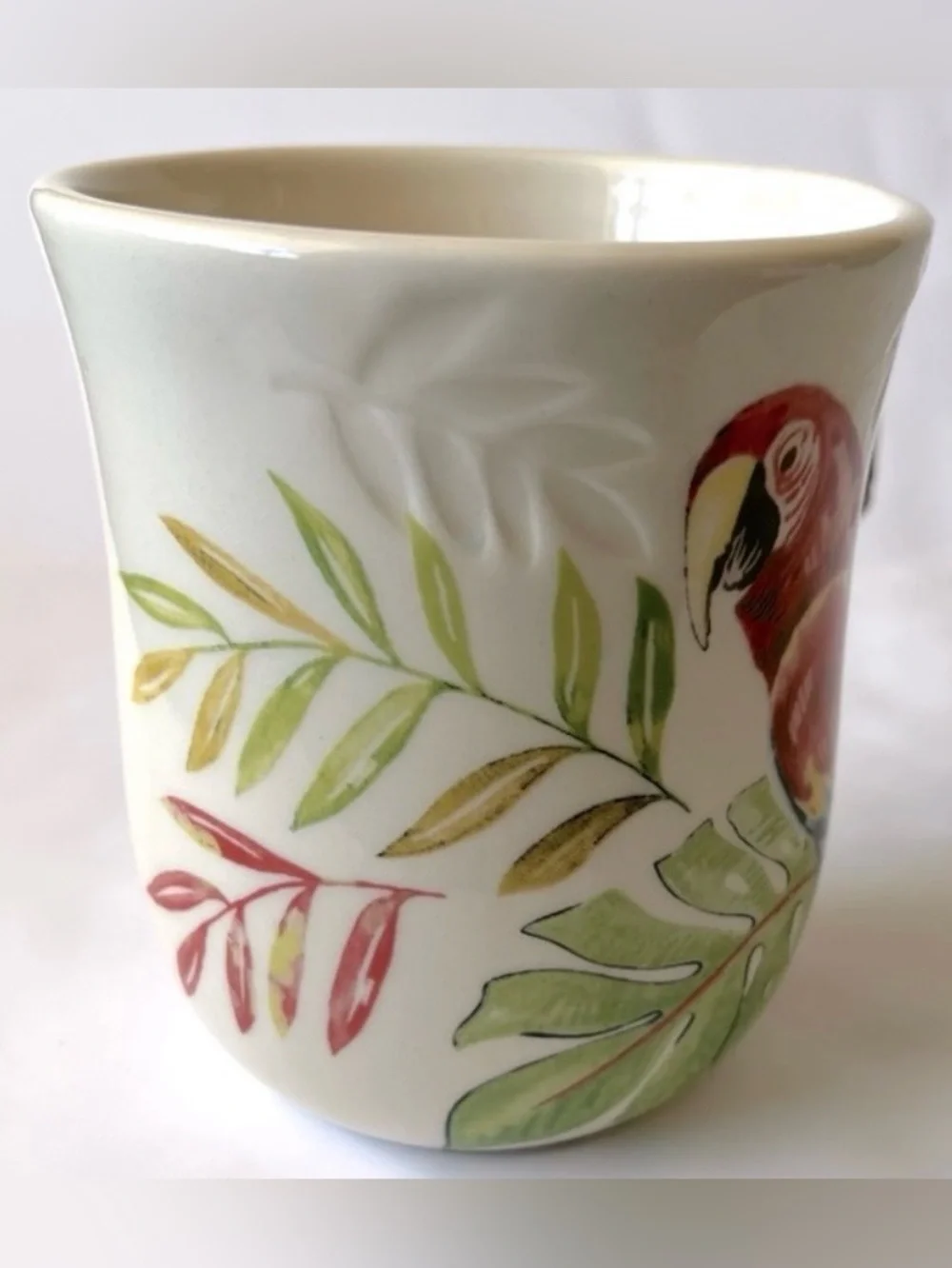 Pier 1 Vintage Red Parrot White Mug Cup Bamboo Handle 14oz